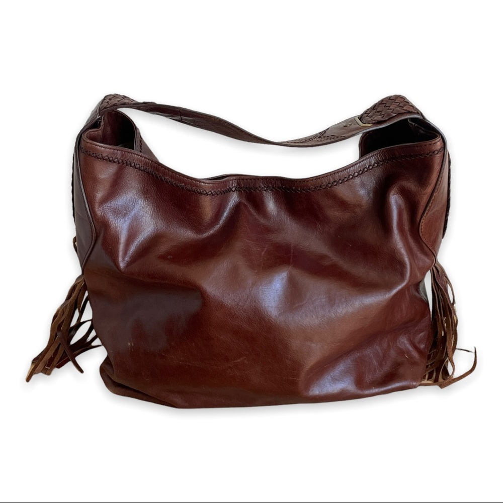 Cole Haan large brown hobo shoulder bag  fringe tassel  detail